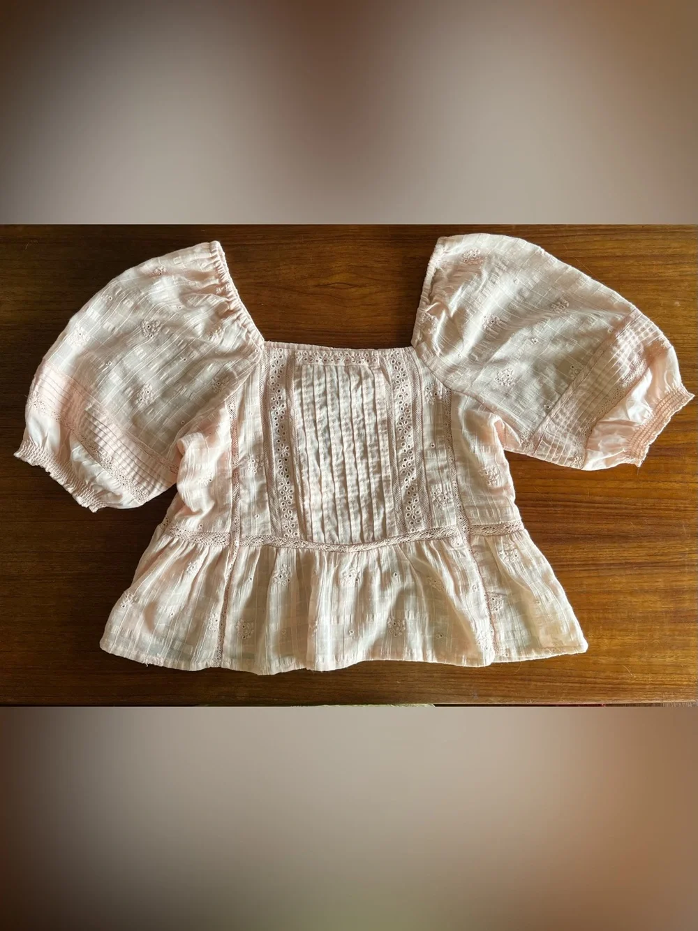 Jennifer & Grace Light Pink Peach Lace-Trim Peasant Blouse Top Shirt XS